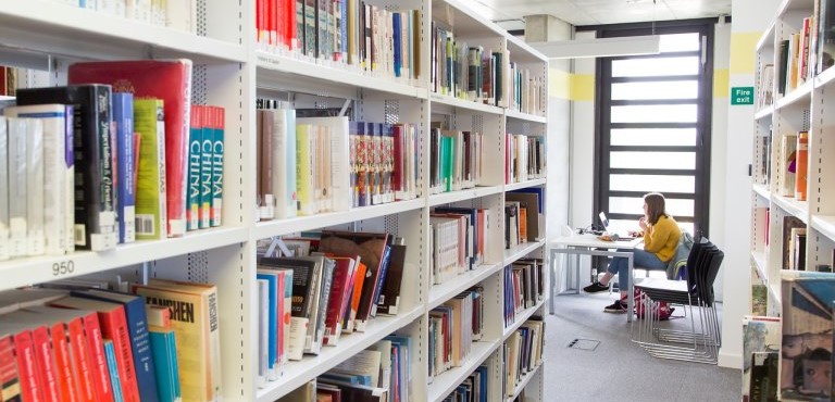 books on library shelves
