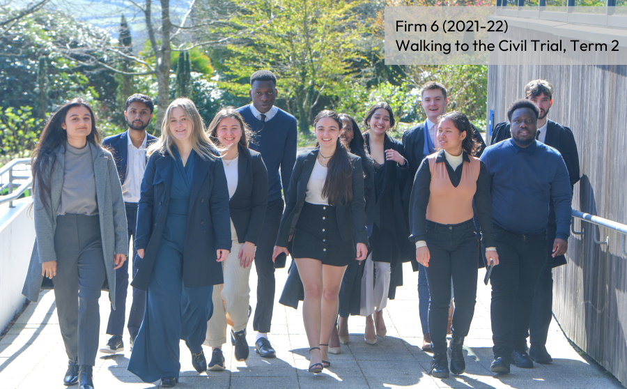 A group of students walking to a trial. Overlaid text "Firm 6 (2021-22) Walking to the Civil Trial, Term 2"