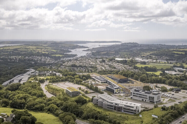 Penryn campus from above, also showing the sea