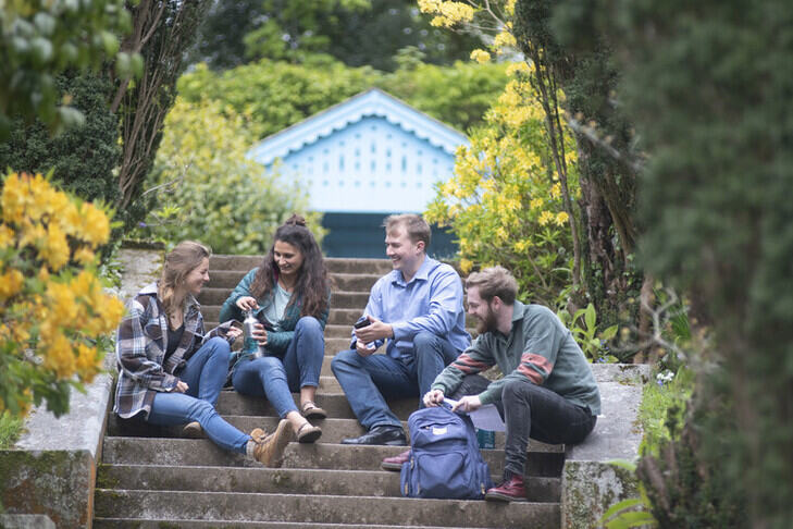 Students sitting on steps on campus, surrounded by trees.