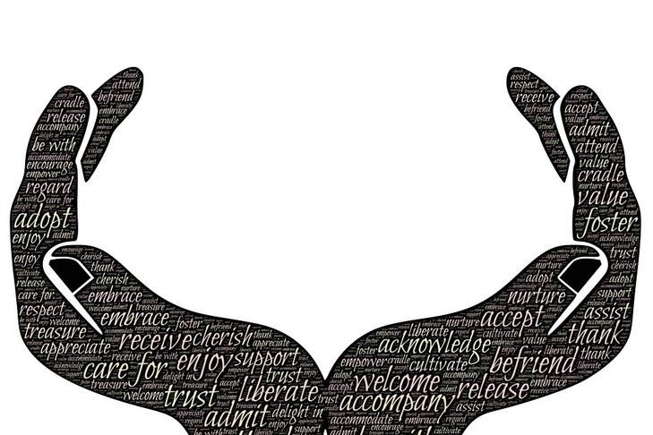 Artwork showing open hands with words relating to welfare